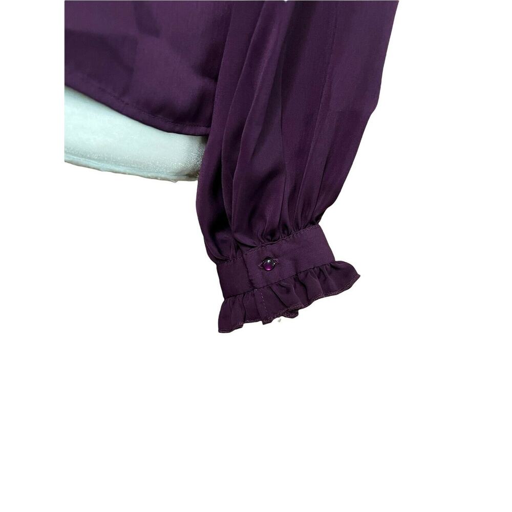 Nanette Lepore Solid Ruffled blouse Satin Smocked Deep V Purple Sz Small - Picture 5 of 9